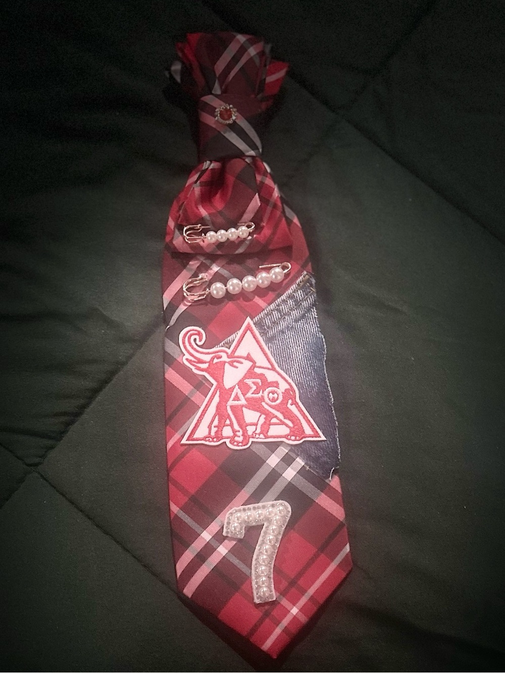 Red Plaid Novelty Sorority Brooch Tie with Custom Embellished Number added